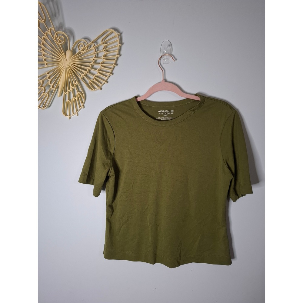 Adrienne Vittadini Olive Green Ponte Knit Short Sleeve Crewneck Top Medium